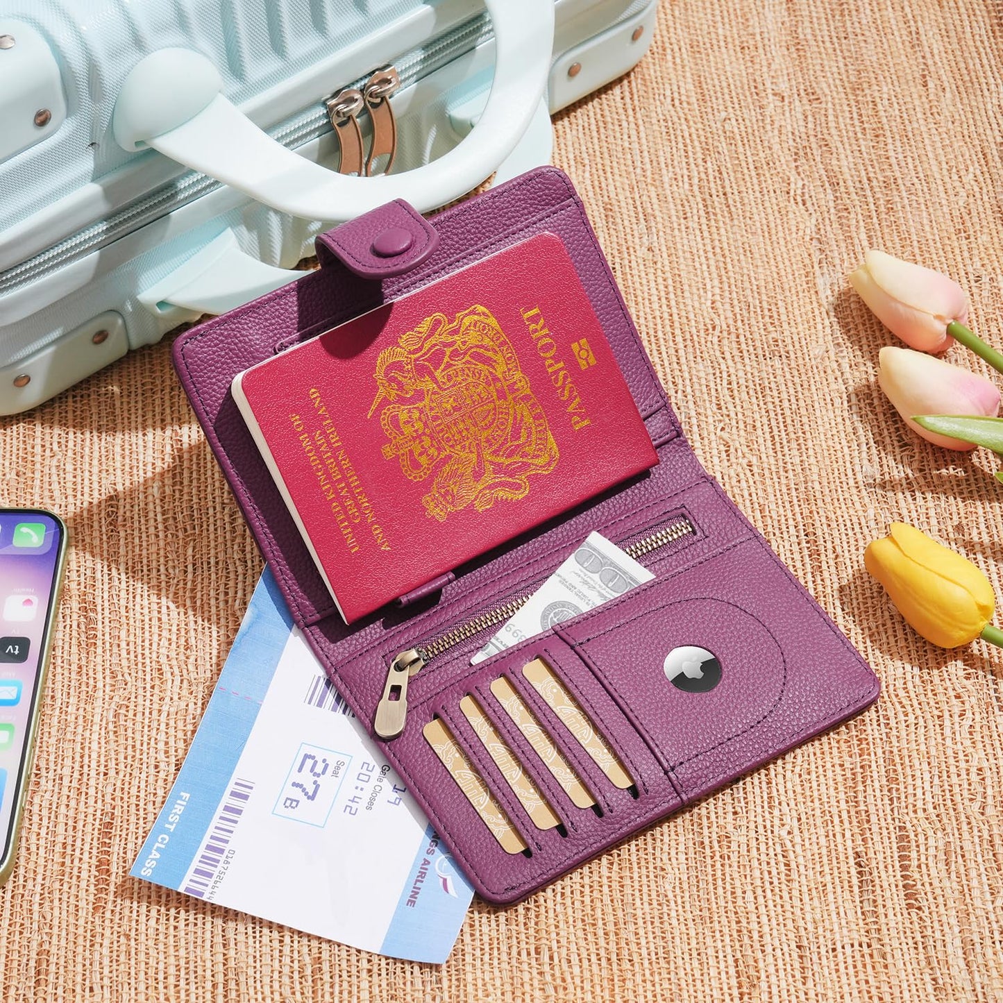 WASON Leather Passport Cover Wallet - Travel Passport Holder with RFID, Card Slots, Cash Pocket, Coin Purse, Tracker Slot, Boarding Pass and Ticket Organizer for Men and Women (Purple)