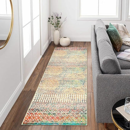 Moroccan Hallway Runner Rug 2x6, Ultra Soft Non Slip Bathroom Runner Rug, Low-Pile Washable Hallway Rug Front Door Mat Neutral Rug for Bathroom Laundry Room Bedroom