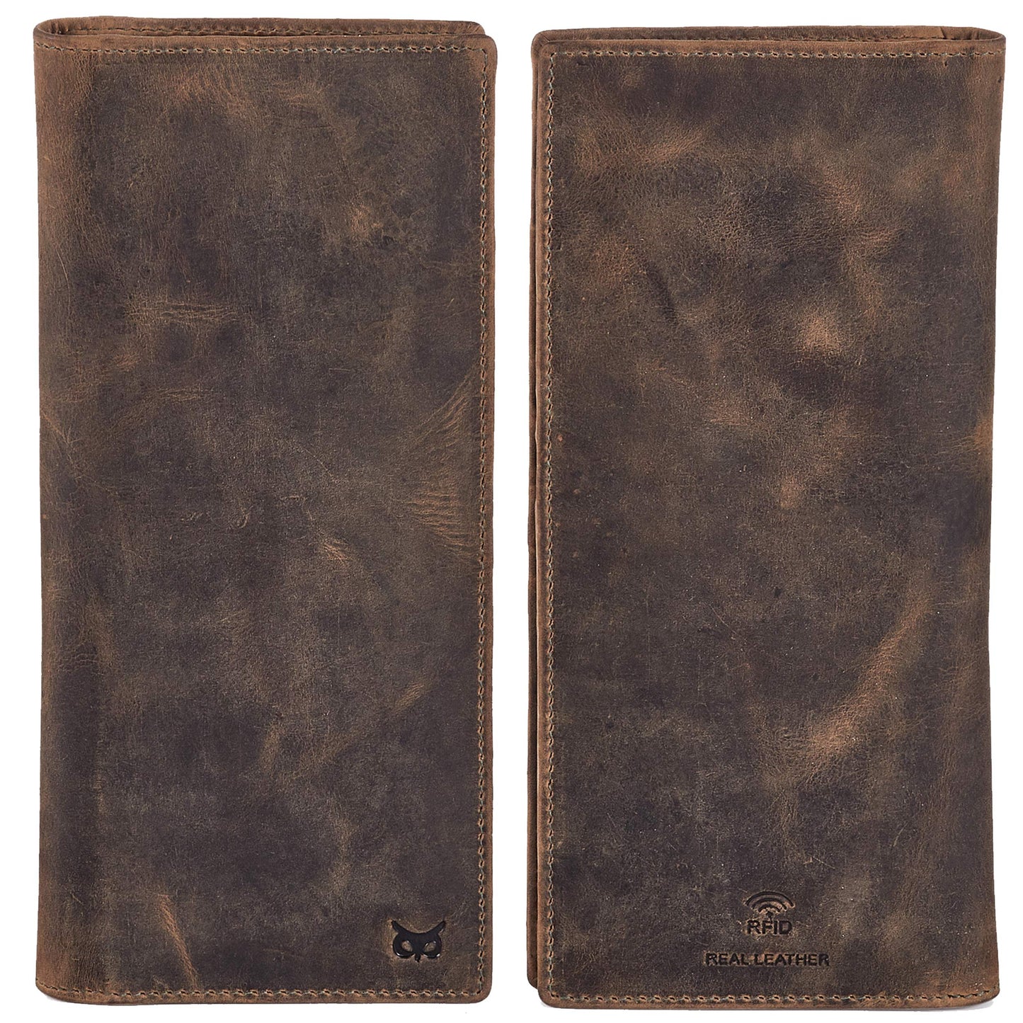 Long Wallet for Men Women Real Leather Bifold RFID Stylish Slim Handmade 2 ID Window Credit Card Holder in Gift Box (Moss Green, Crazy Horse)