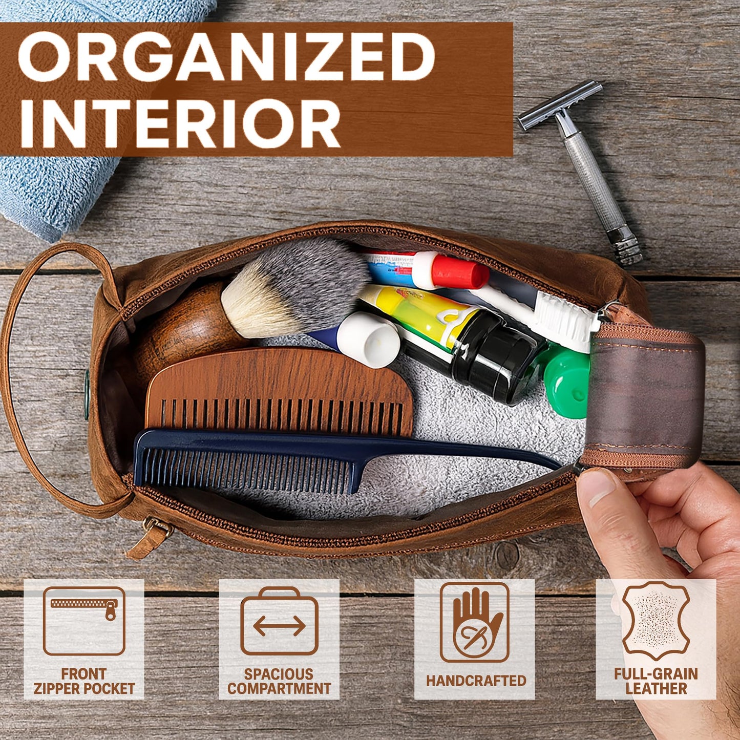 Leather Toiletry Bag – Stylish & Durable Dopp Kit with Water Resistant Lining – Travel Shaving Kit Organizer for Bathroom & Overnight Trips - Great Gift for Men & Women