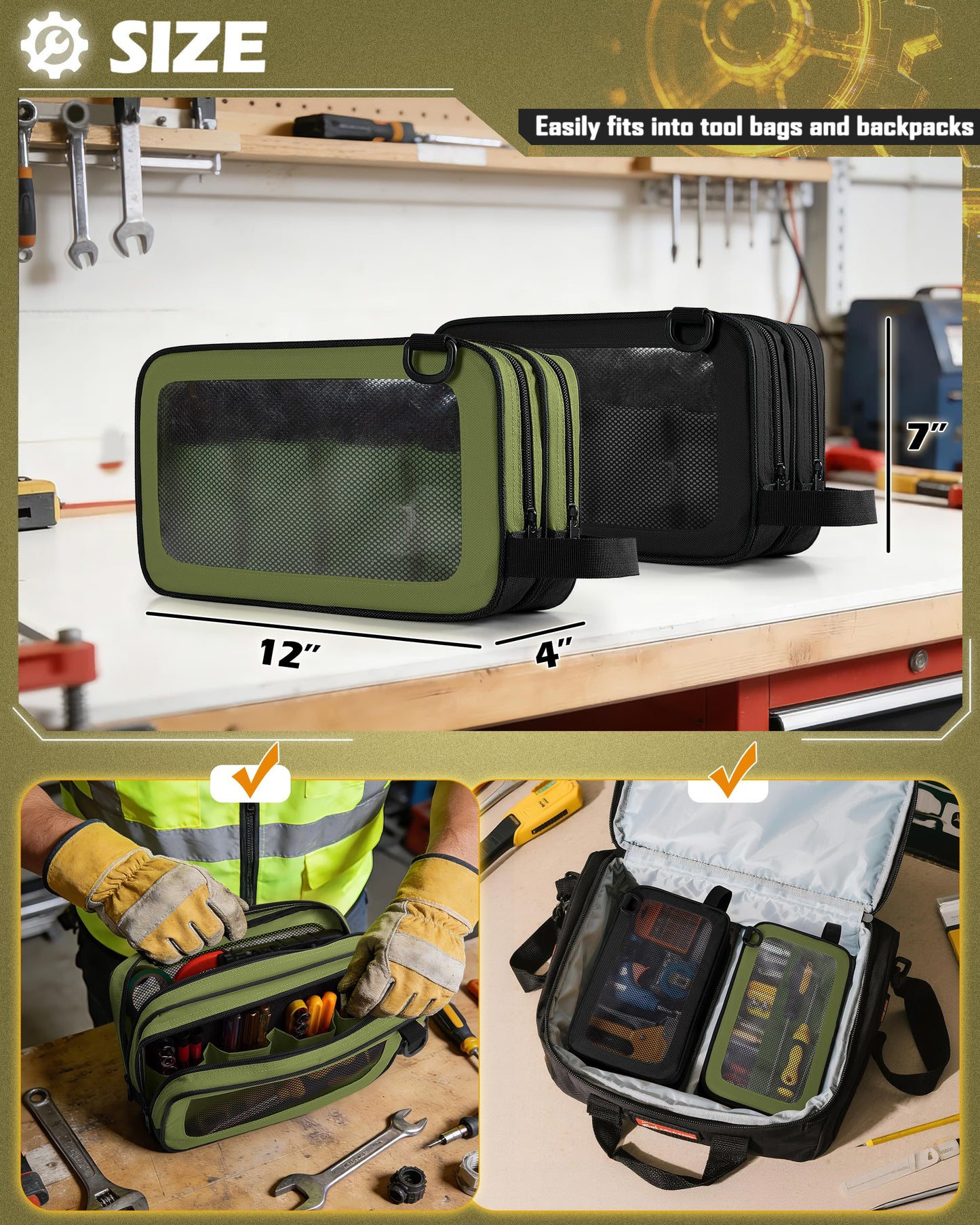 Marscamd 2 Pack Tool Pouch with Dual Compartments, 12” Tool Bag with Detachable Shoulder Strap, Carry Handle and Translucent Window, Black/Green