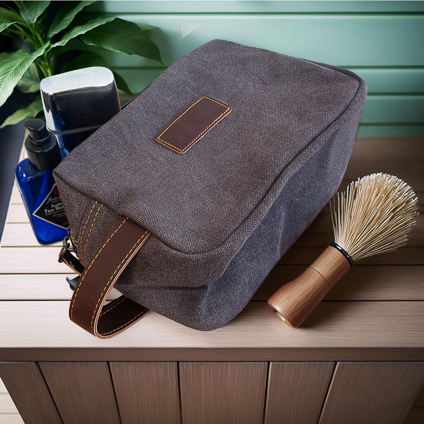 Eurow Luxe Mens Premium Canvas Toiletry Bag With Faux Leather Handstrap For Travel, Organize Bath Supplies, Grooming & Shaving Kits, Personal Hygiene, Travel Essentials, Gray