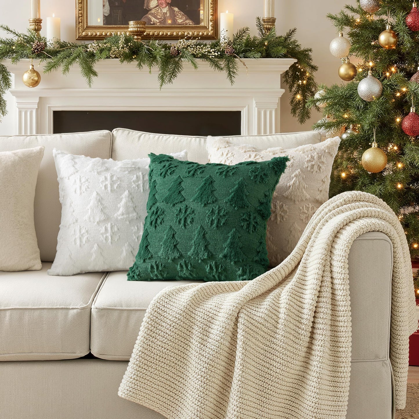 MIULEE Christmas Throw Pillow Covers 18x18 Set of 2 Christmas Decorations Dark Green Soft Plush Faux Fur Wool Xmas Tree Snowflakes Pillowcases Holiday Festivals Winter Home Decor Sofa Couch Bed Porch