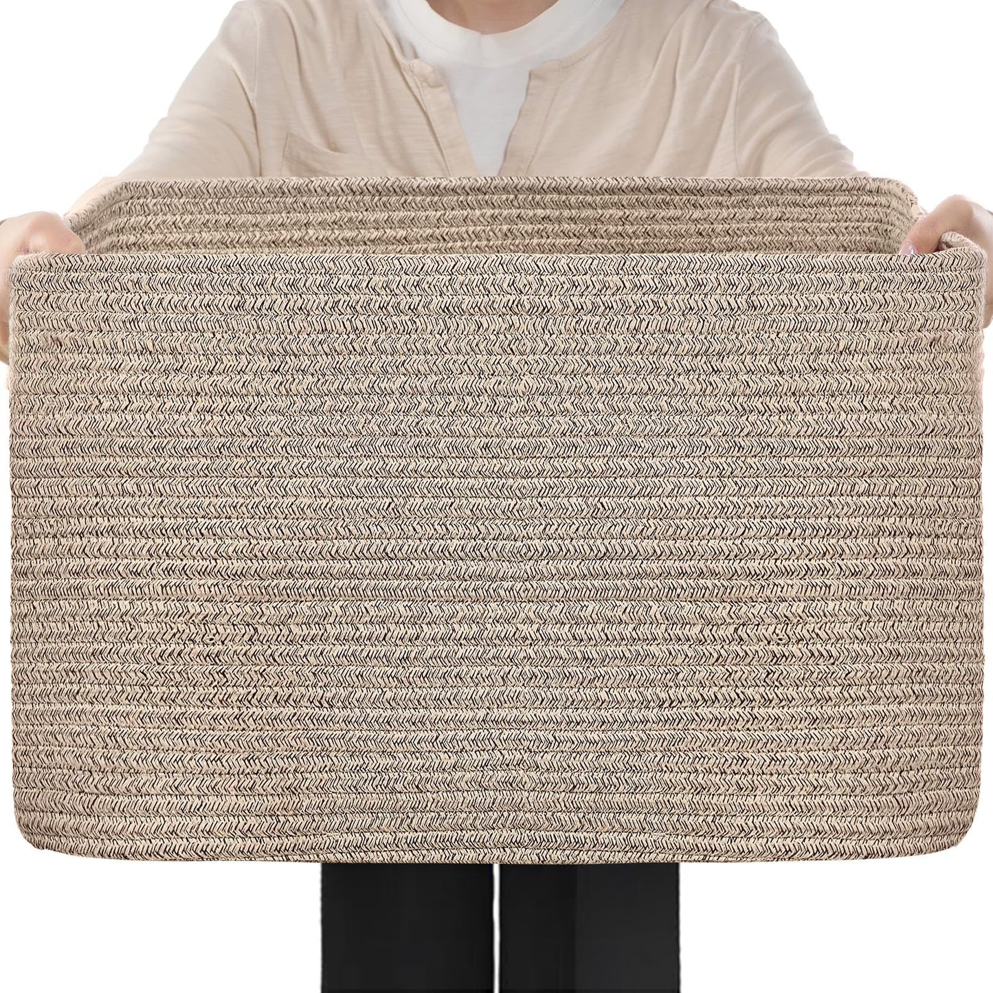 Optish 75L Large Blanket Basket, Woven Rope Storage Basket with Handles for Organizing Clothes and Toys for Bedroom, Bathroom, Nursery, Decorative Storage Bin, 22” x 17” x 11.5”, Brown