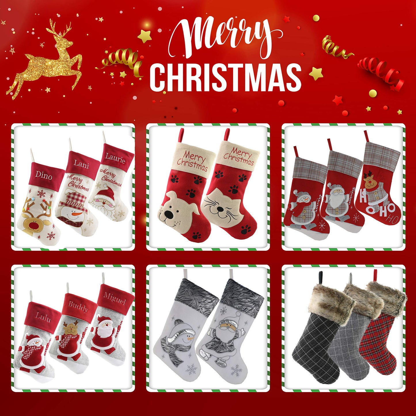 WEWILL Lovely Christmas Stockings Set of 3 Santa, Snowman, Reindeer, Xmas Character 3D Plush Linen Hanging Tag Knit Border for Family Kids