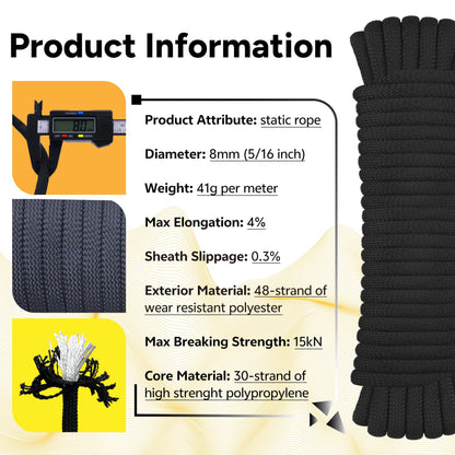 WISEROOT 8mm Static Climbing Rope: Heavy Duty Outdoor Rock Climbing Rope for Arborist Tree Work, Rescue, Camping & Hiking, (10m/32ft, 20m/64ft, 30m/96ft) Orange/Black (Black, 32 Feet)