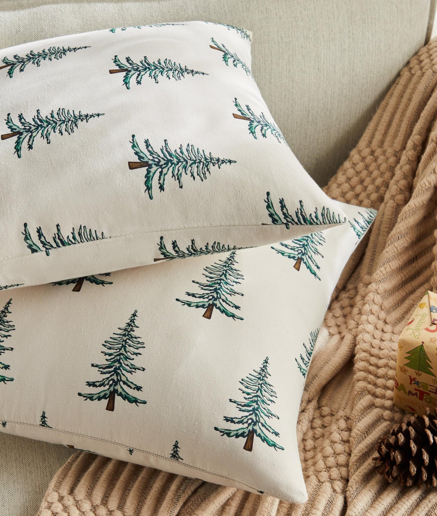 YZJZEDS 100% Cotton Christmas Pillow Covers Set of 2, 24x24 Inch Christmas Green, Winter Tree Print Decorative Xmas Throw Pillow Covers Cushion Case Winter Home Decor for Sofa Bed Living Room