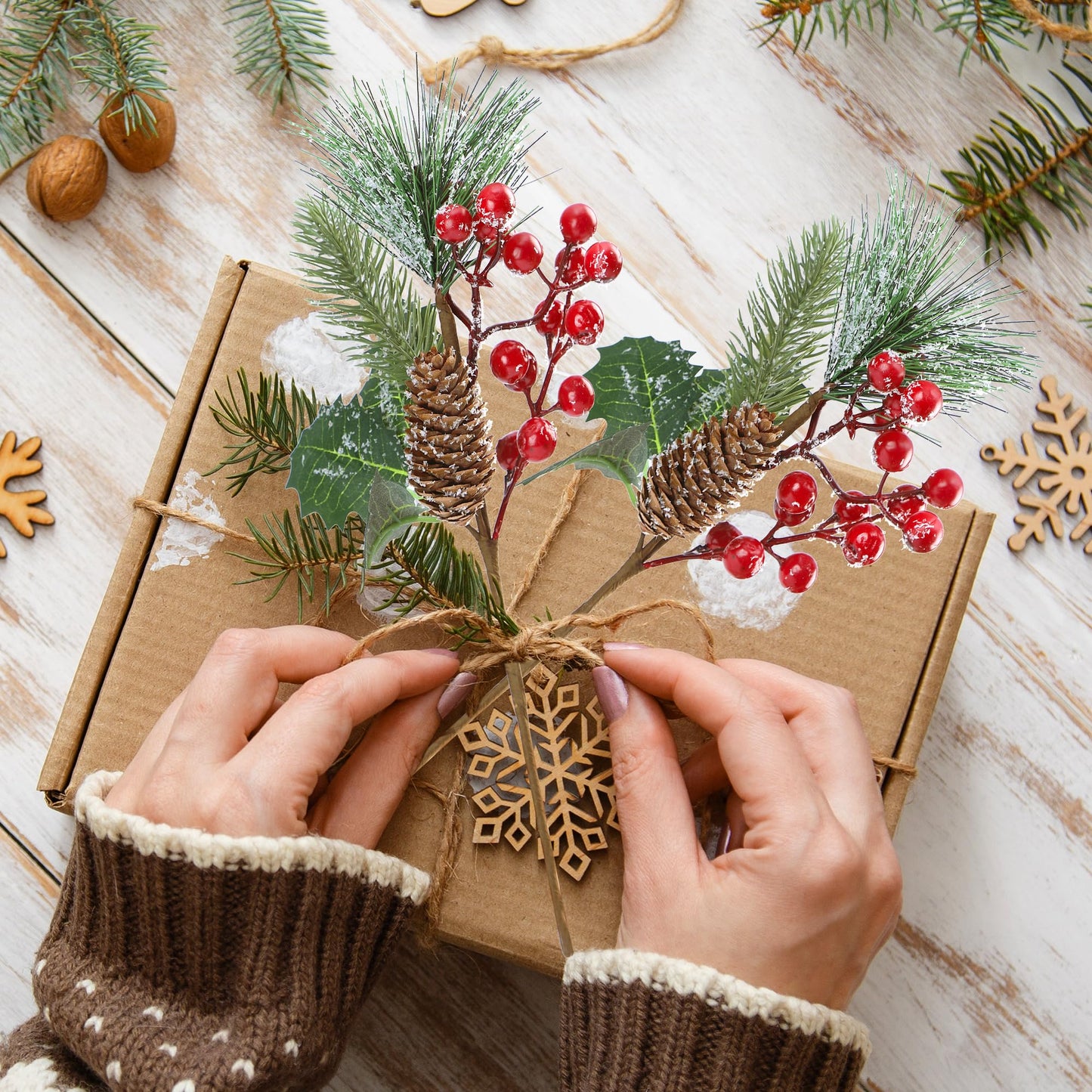 Sggvecsy 6 Pack Snow Frosted Christmas Berries Pine Picks Artificial Red Berry Pine Branches Frosted Faux Pine Stem with Pine Cones Holly Berry Leaves for Xmas Tree Wreath DIY Craft Holiday Decor