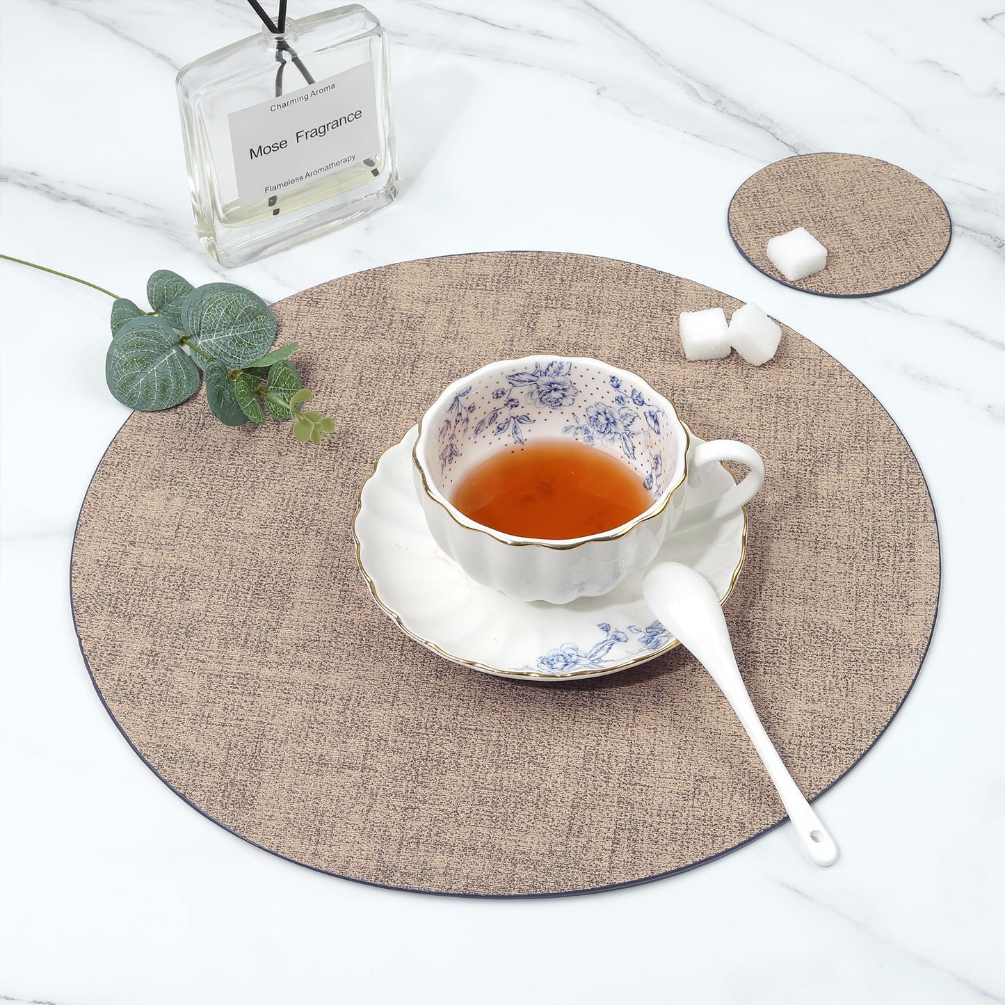 Cloth Leather Round Placemats, Gray and Beige Double-Sided Heat-Resistant Placemats and Coasters Set of 4, Small Placemat for Dessert Plate Easy to Clean for Dining