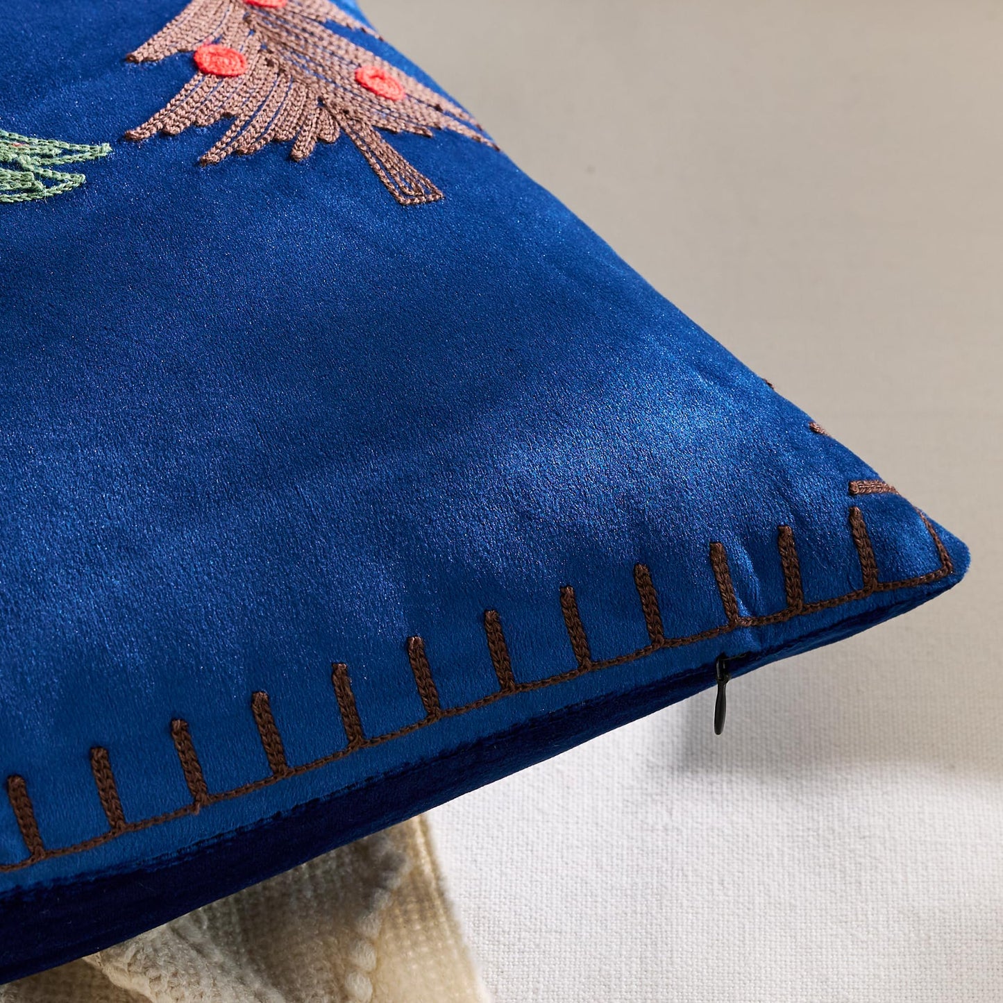 KINDREX Christmas Tree Throw Pillow Covers 18x18 Set of 2 Winter Holiday Decorative Navy Blue Embroidered Luxurious Soft Velvet Accent Pillowcase for Sofa Couch Bed Living Room Festivals Home Decor