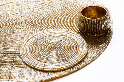 Penguin Home Handcrafted Glass Beaded Round Placemats, Coasters & Napkin Rings Set of 18 - Handmade Table Place Mats for Dining - 32 cm (13") Diameter (Gold)
