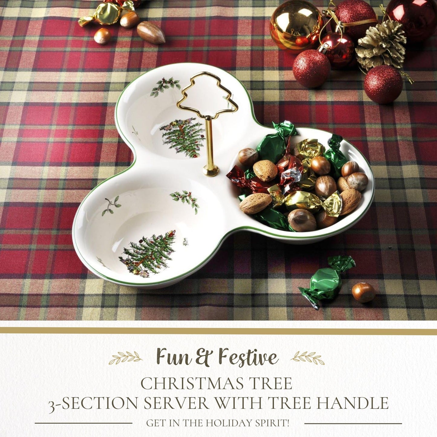 Spode Christmas Tree 3 Section Server with Tree Handle - Divided Serving Tray for Nuts, Candies, Condiments, Holiday Treats - Festive Earthenware Tableware for Seasonal Entertaining & Hosting