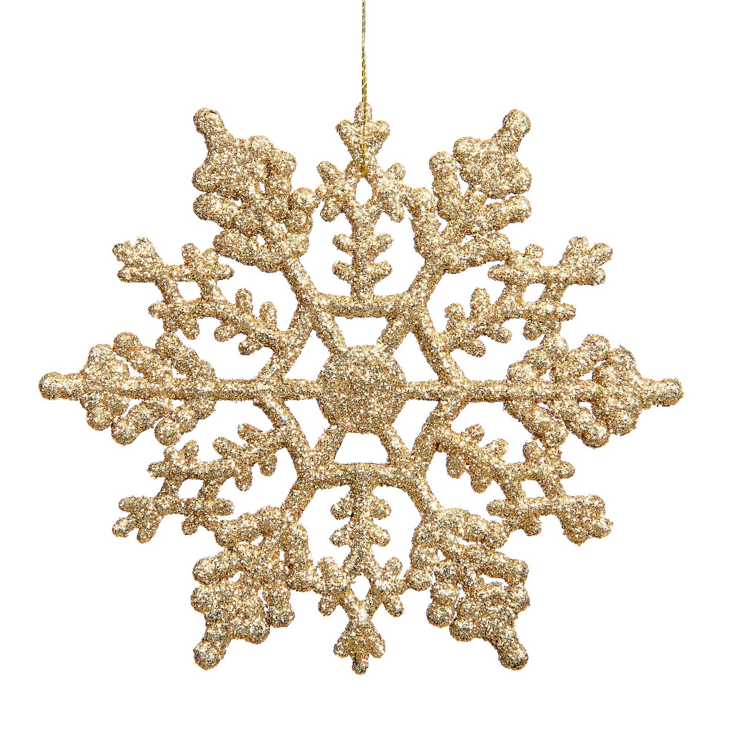 Vickerman 4" Gold Glitter Snowflake Ornament Set - Sparkly Shatterproof Snowflakes with Matching Glitter Accents and Nylon Hanging String (24 Snowflakes per Box)