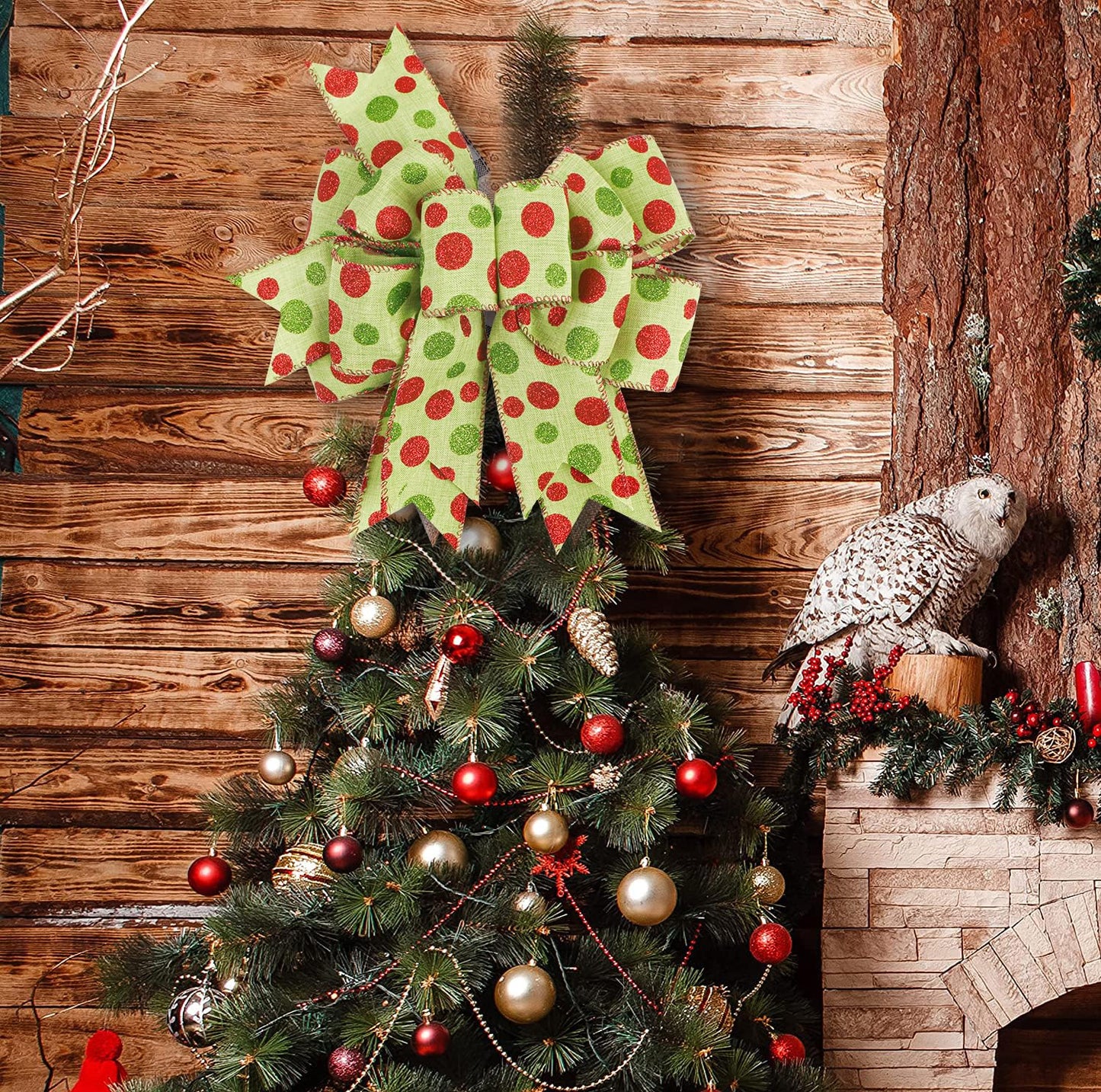 SIMISI RIBBON Christmas Green Red Dots Bow Rustic Burlap Bows for Wreath, Christmas Tree, Holiday Decor (9.5 x 13 inch)