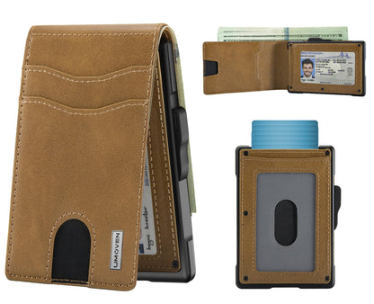 Wallet for Men - Pop Up Case, Cash Slot, and Credit Card Slot - Slim Aluminum Wallet with RFID Blocking, Minimalist Leather Wallet Front Pocket with ID Window (Browns)