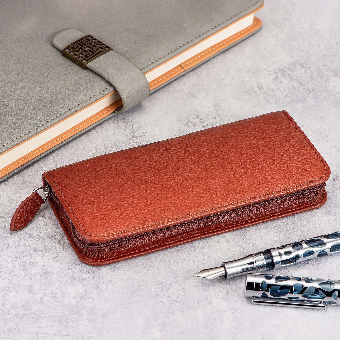 Lanxivi Genuine Leather Fountain Pen Case 3 Divided Slots Coffee Color, Zippered Pen Case Pouch, Handmade Display Holder for Rollerball Pen
