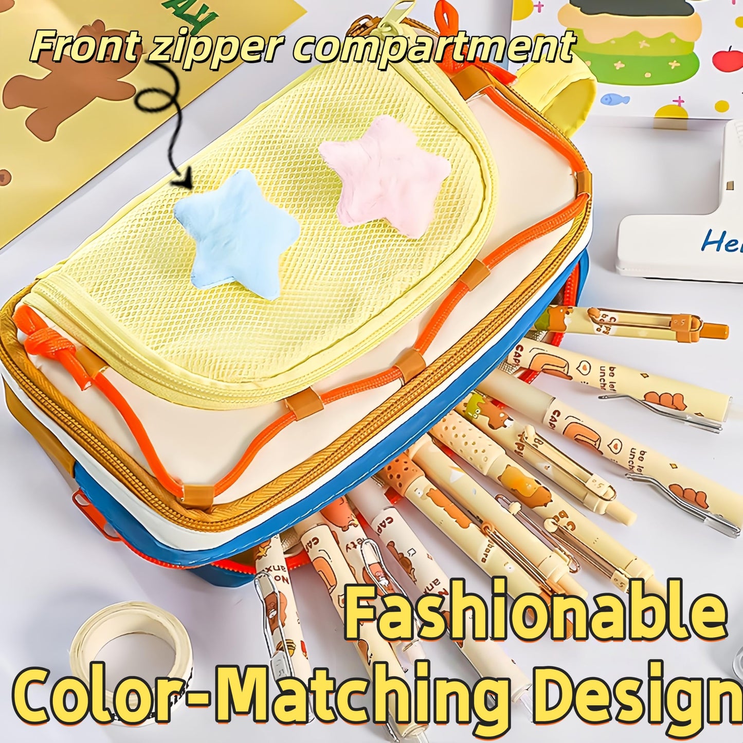 UIVXXUD Portable Multi-Layer Kawaii Pencil Case Organizer - Large Capacity Color Block Design Pen Pouch Supplies - Cute Functional Bag (Pink)