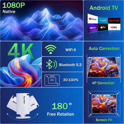 Mini Projector 1080P, 4K Projector Full HD with WIFI 6 and Bluetooth 5.2, Support 180° Rotatable Portable Projector with Auto Keystone Correction, Built-in App Compatible with Phone/HDMI/USB-White