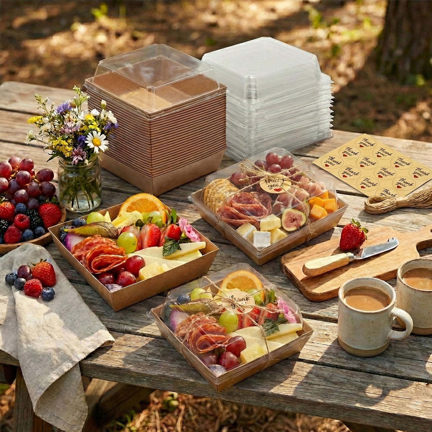 Leafiew 50 Pack Small Charcuterie Boxes with Clear Lids - To Go Paper Mini Charcuterie Box, Disposable Food Containers, 5Inch Dessert Boxes - Sandwich, Cookie, Sushi, Cake Slice, Strawberries (Brown)