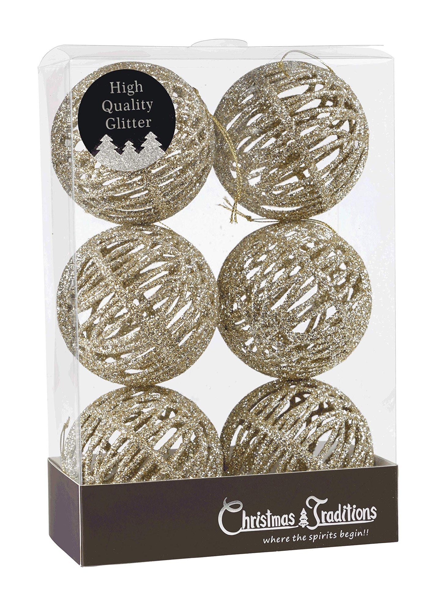 Christmas Traditions 4 inch Champagne Gold Glittered Rattan Ball Ornaments Hanging Tree Decorations (Set of 6) (Champagne Gold)