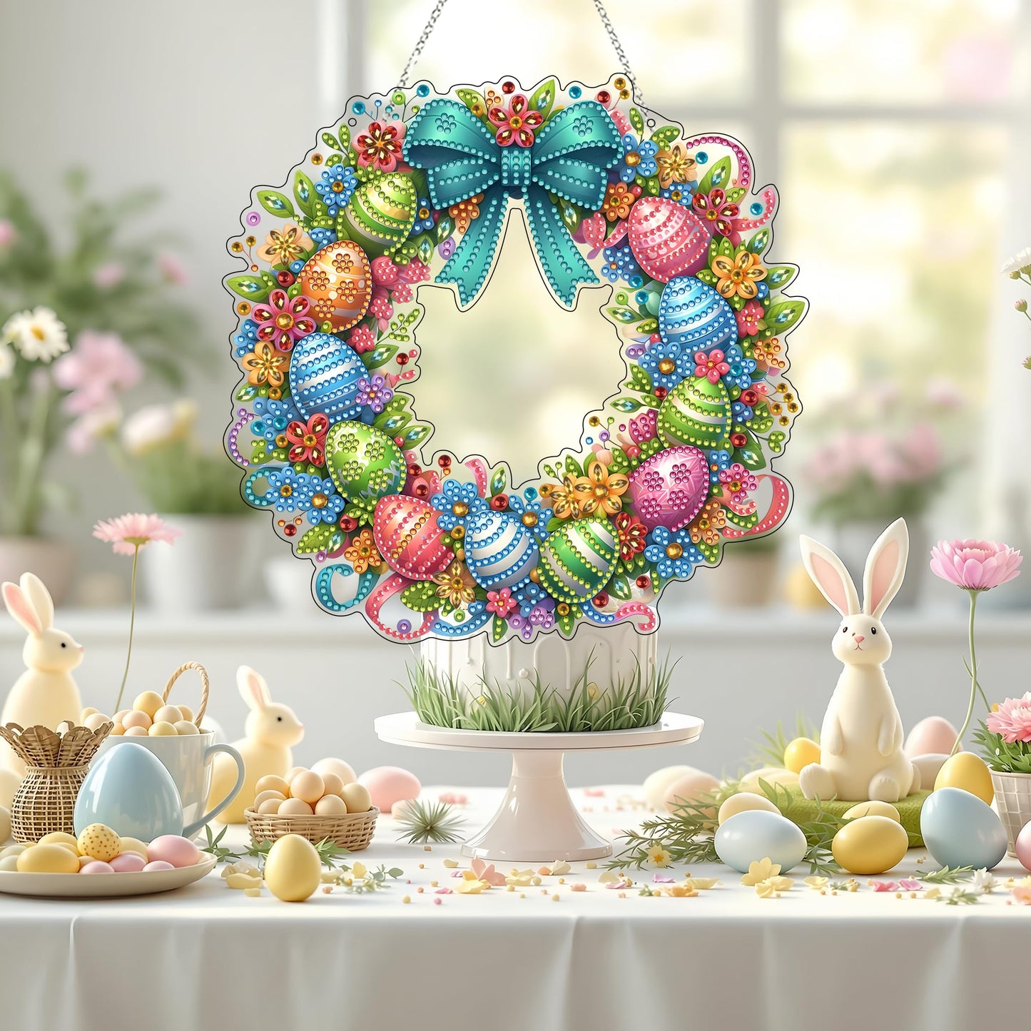 DIY Diamond Art Painting Wreath Kits，Special Shaped Rhinestone Hanging Ornament Diamond Art Window Pendants for Gift Home Garden Wall Hanging Kits,Double Sided (Easter Wreath)