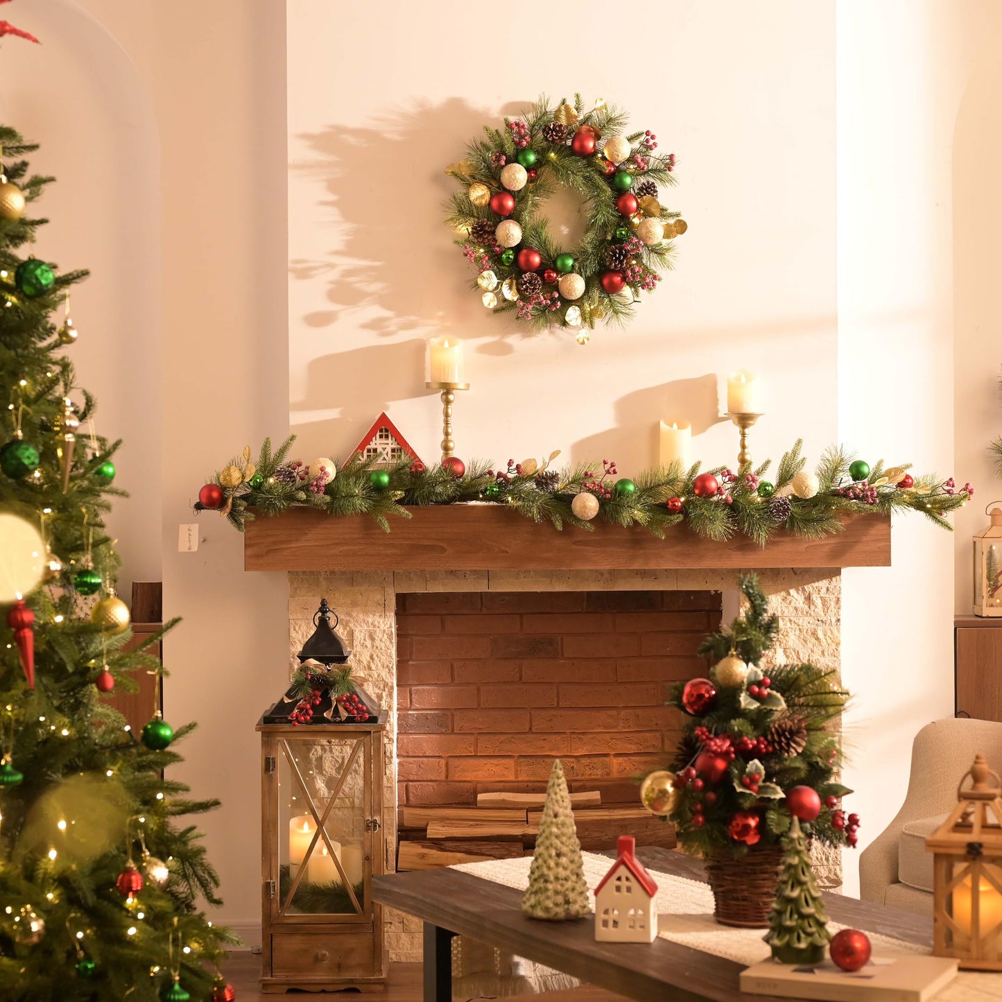 Valery Madelyn 6 Ft Pre-Lit Christmas Garland with Light for Mantle, Lighted Outdoor Xmas Garland with Red Green Gold Ball Norfolk Pine for Home Stairs Fireplace Table Centerpiece Indoor Holiday Decor