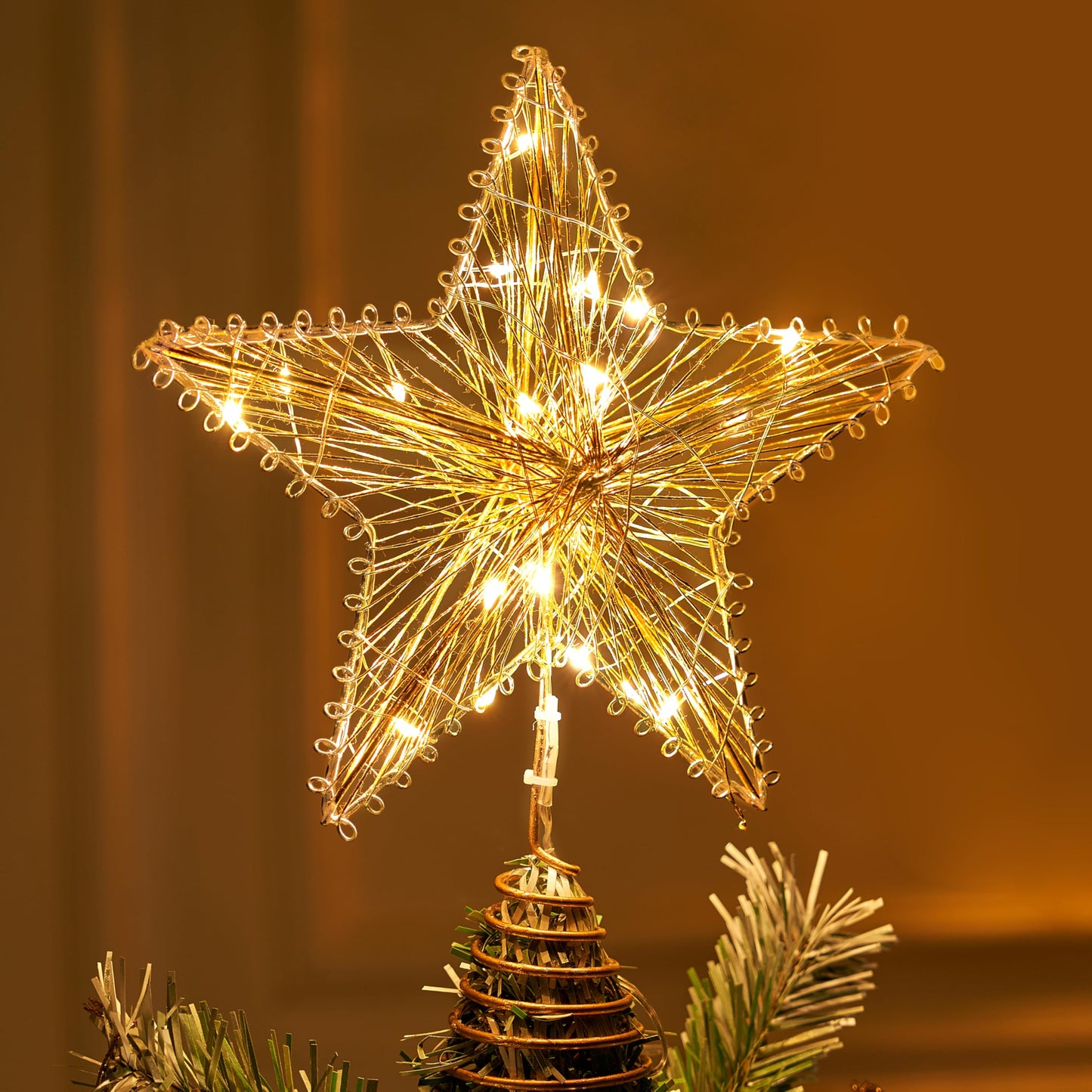 Joiedomi Christmas Tree Toppers 8" Gold Metal Star Decor with Battery Powered Treetop Ornaments with Warm White LED Lights for Xmas Holiday Party Indoor Decorations