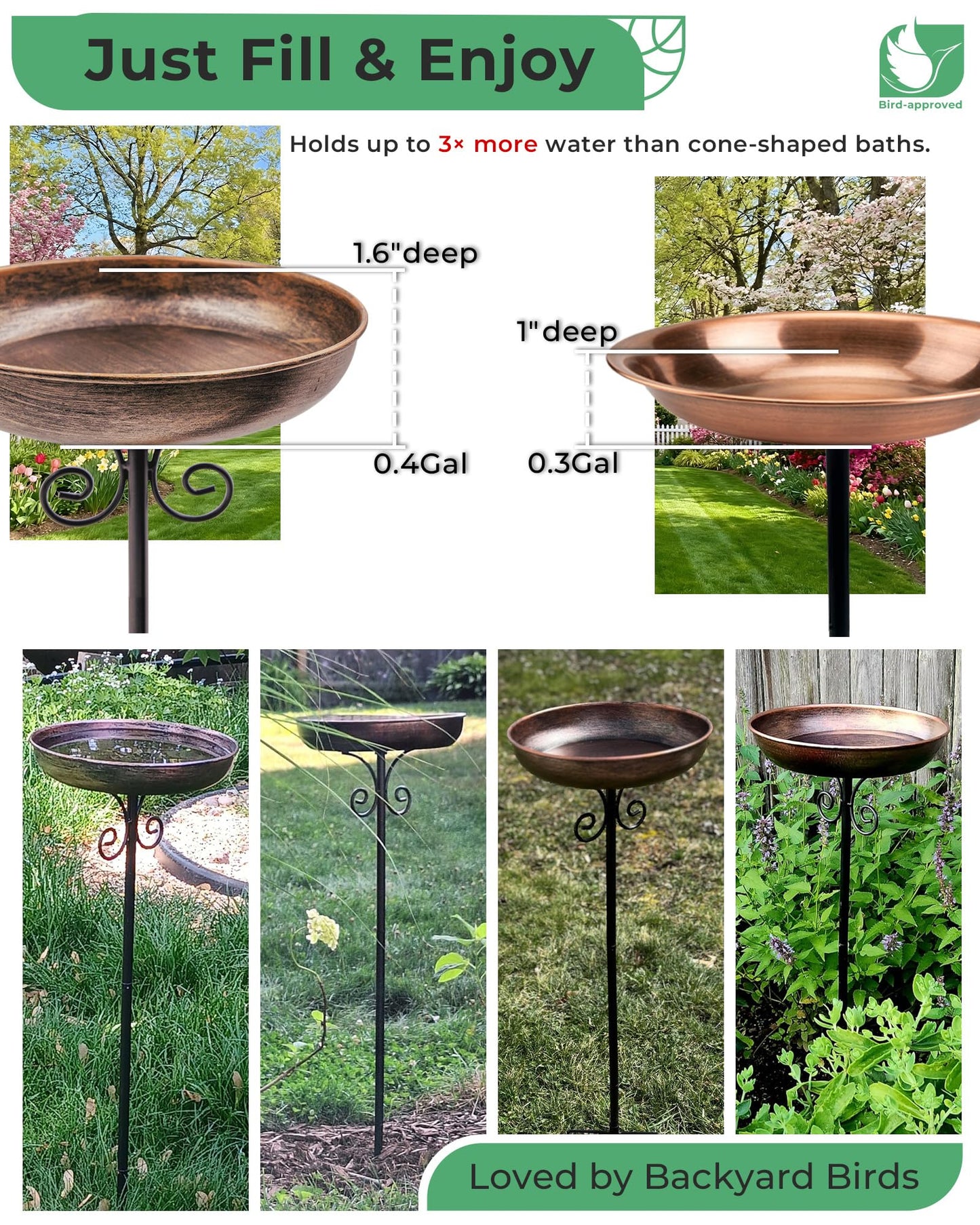 OUISJYER Small Metal Bird Bath for Outdoors, 10" Dia Bowl with Stake Birdbaths Garden Yard Lawn Decor 0.4 Gallon