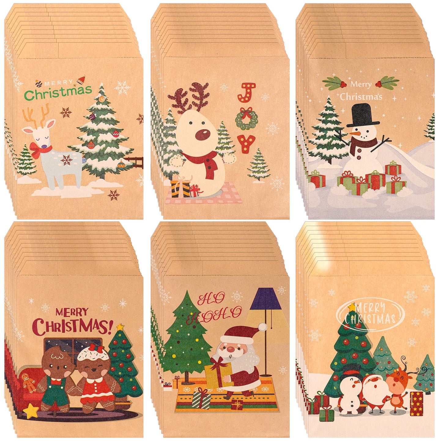 Kolewo4ever 240 Pieces Christmas Kraft Treat Bags Holiday Bag with Xmas Tree Santa Claus, Elk Prints Christmas Goodies Snack Gift Bag Candy Buffet Paper Bags for Xmas Holiday,6 Styles
