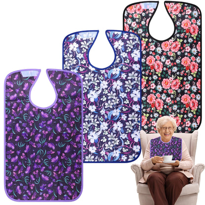 Pedobi Adult Bibs - 3 Pcs Washable Clothing Protector with Crumb Catcher, Adult Bibs for Elderly Women Eating Washable Flower
