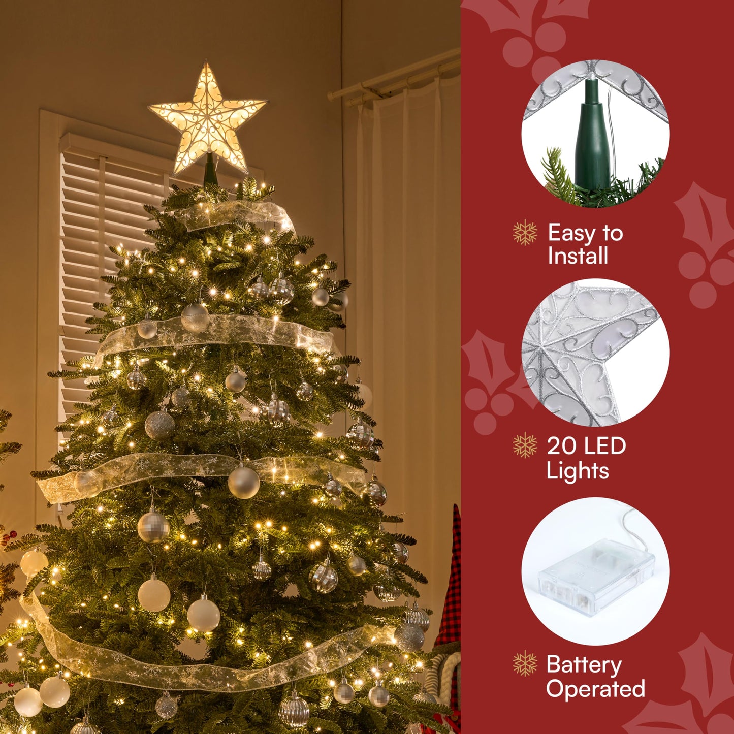 JOIEDOMI 9 inch Silver PVC Star Christmas Tree Topper, with 10 Warm White Light Glitter Swirl Battery Powered Indoor Decorations for Home Holiday Xmas Party