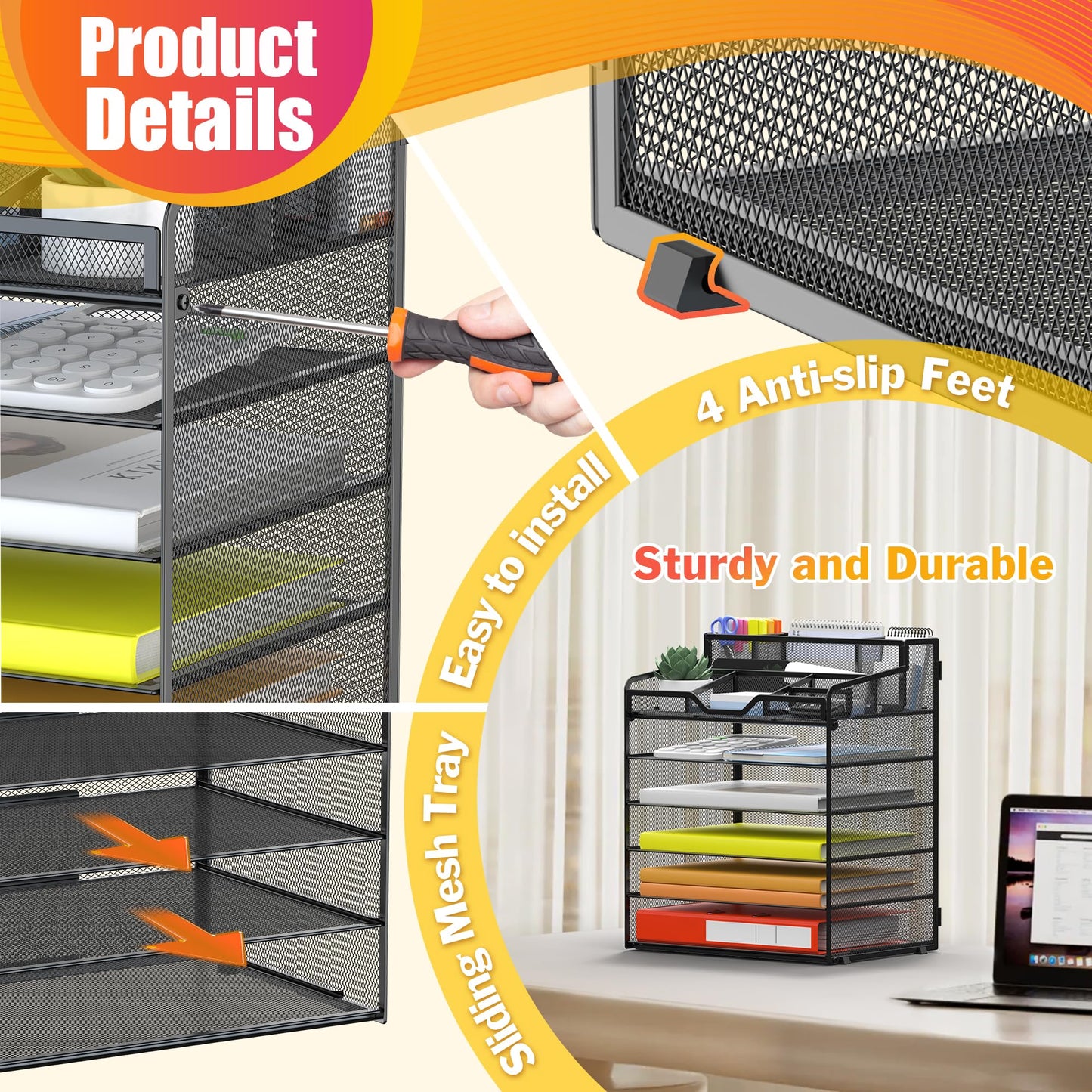 Docnest 6 Tier Mesh Desk Organizer for Paper Office Supplies – Multi-Functional Letter Tray with 5 Adjustable Compartments, 3 Pen Holders, Desktop Storage for Files, Mail, Stationery – Black