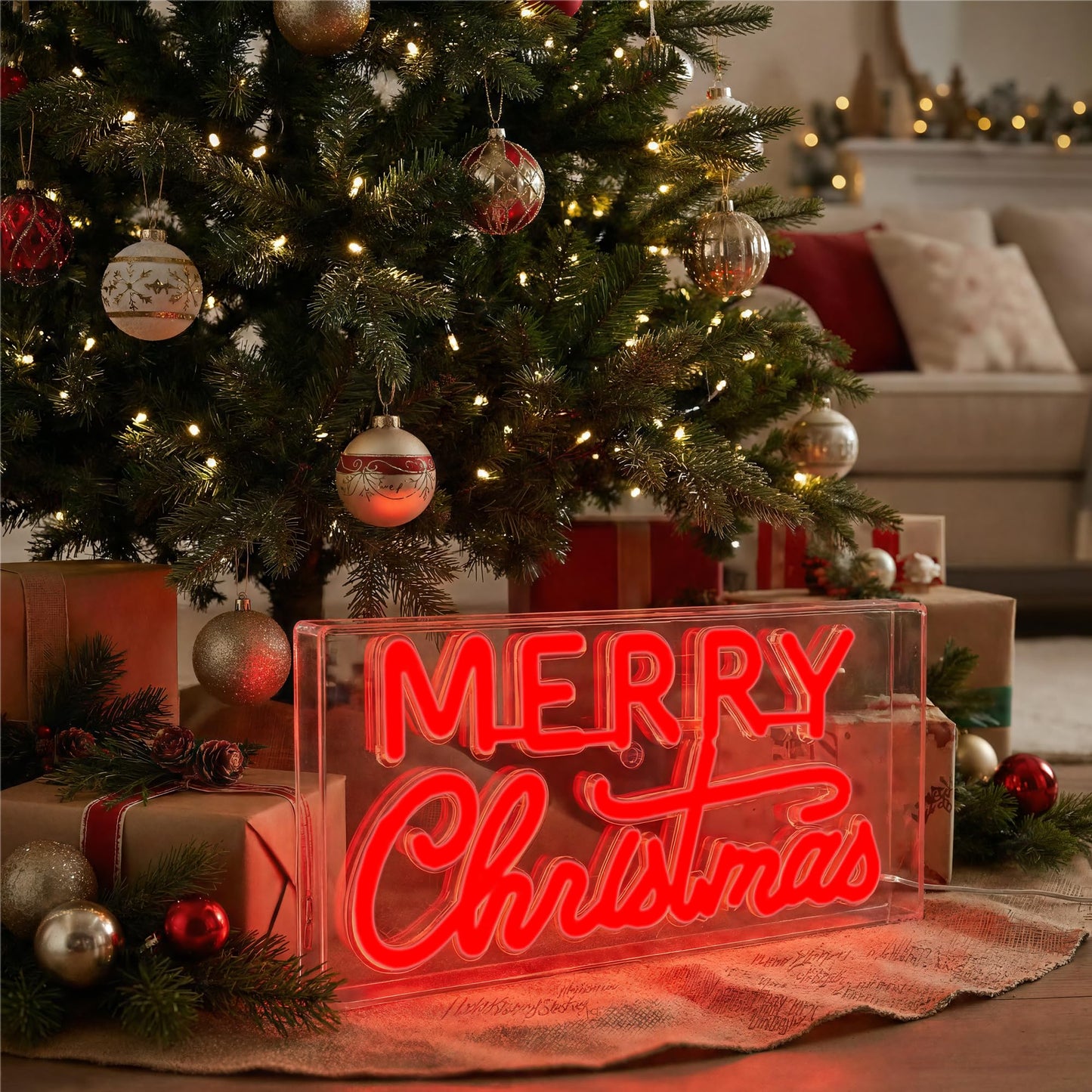 Merry Christmas Desk Lightbox,Acrylic Adjustable Brightness Neon Signs,Neon Lights for with USB Powered for Bedroom Xmas Eve Pub Club New Year Decor(Red)