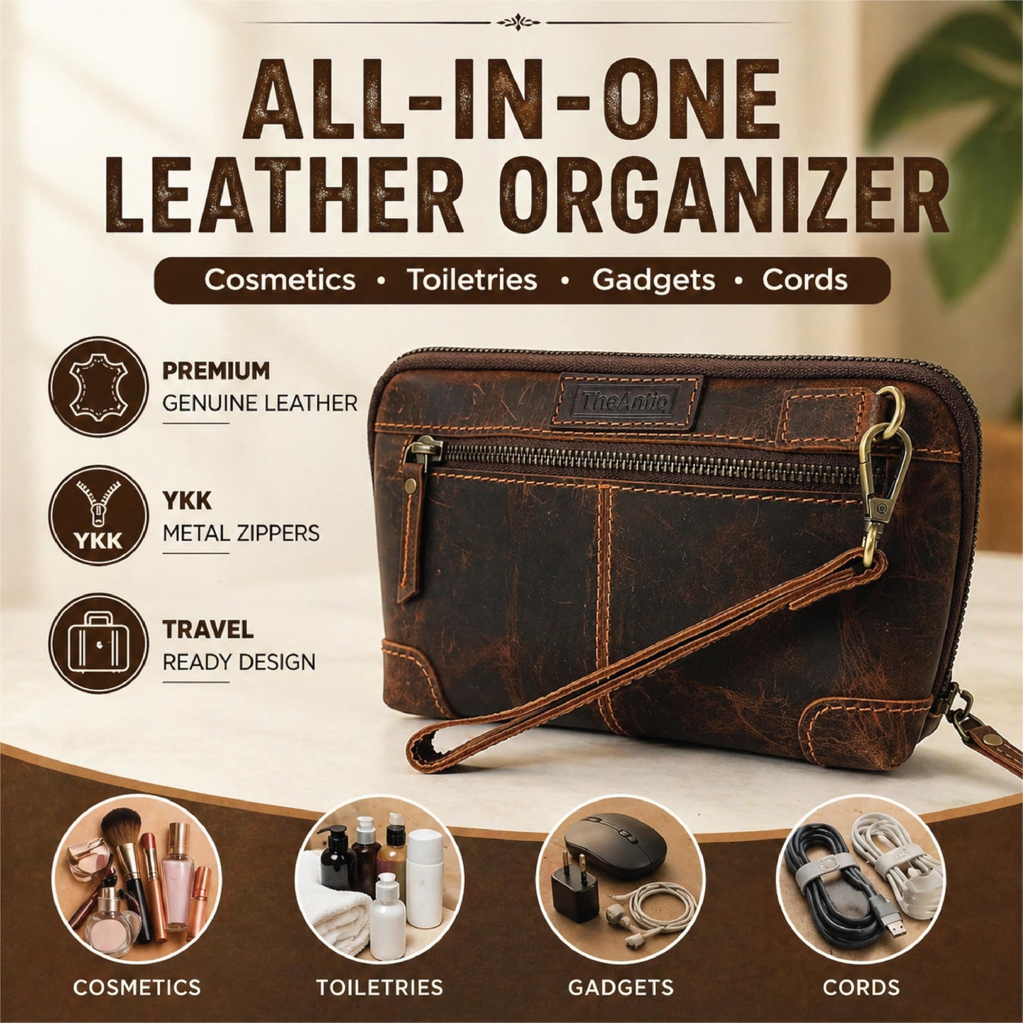 TheAntiq Genuine Leather Makeup Bag Travel Organizer, Premium Handcrafted Cosmetic Pouch with Zipper & Wrist Strap, Durable Toiletry Storage for Women & Men, 5 x 9- Brown