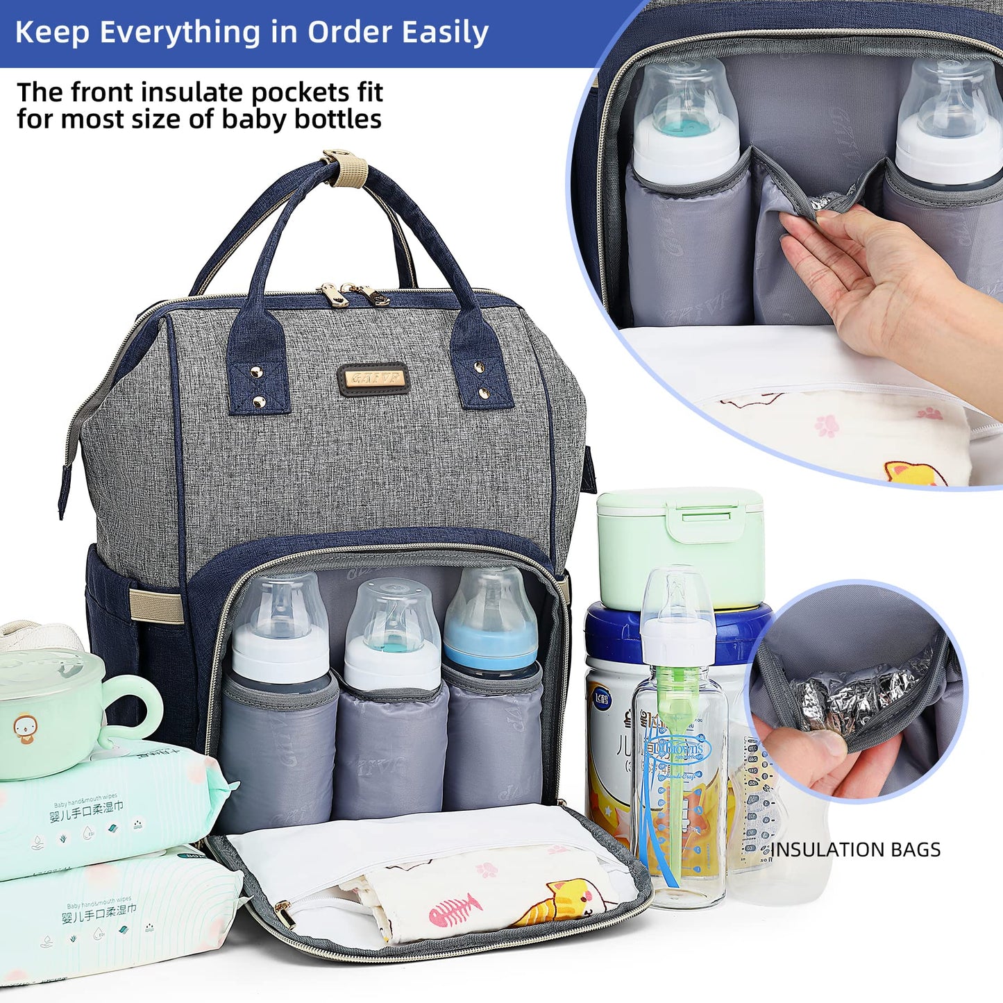 Diaper Bag Backpack, Diaper Bags for Baby Girls Boys, Baby Bags for Moms Dads, Nappy Changing Bag with Insulated Pockets,Multi-functional Waterproof Backpack with Stroller straps- Light Grey Blue