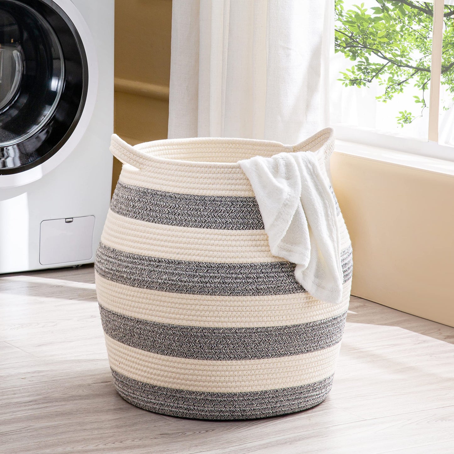 KAKAMAY Woven Baskets for Storage(17"x17"),Large Cotton Rope Basket Woven Baby Laundry Hamper,Collapsible Laundry Basket, Blanket Basket for Organizing Living Room,Nursery,Pillows,Toy Chest(Grey)