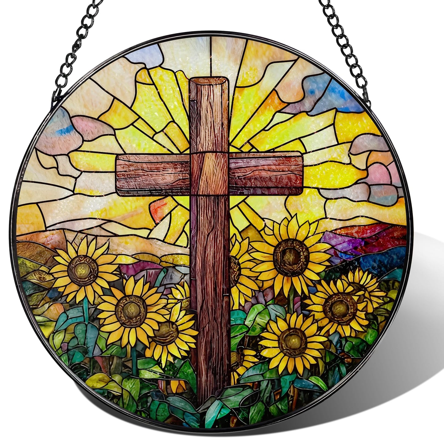 Stained Glass Suncatcher, Sunflower & Cross Sun Catcher Ornament; Stained Glass Window Hanging, Christmas Ornament, Christian Home Decor; Baptism Gift, Christian Gifts, Religious Gifts