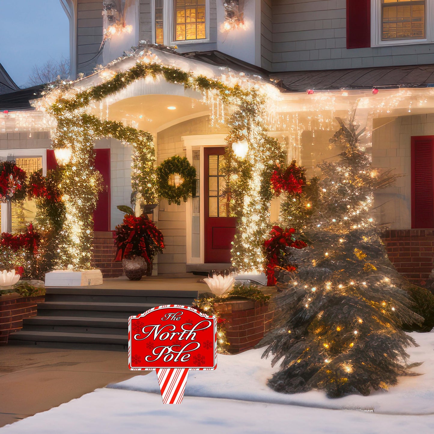 North Pole Santa Home Candy Cane Christmas Holiday Yard Sign For Lawn Grass Home or Business Front Door Durable Metal Built In Stake St. Nicholas Claus Xmas