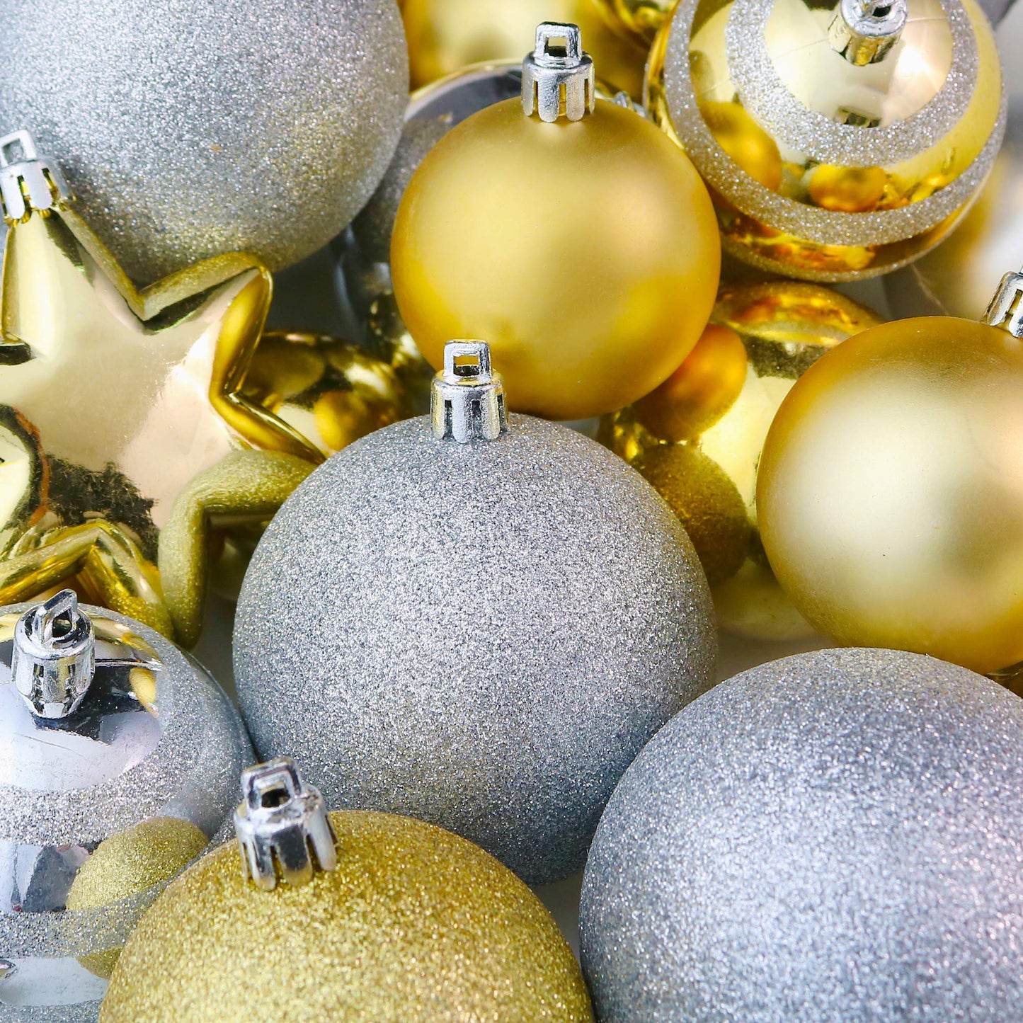RN'D Christmas Snowflake Ball Ornaments - Christmas Hanging Snowflake and Ball Ornament Bulk Assortment Set with Hooks - 76 Xmas Ornaments and Hooks (Gold & Silver)