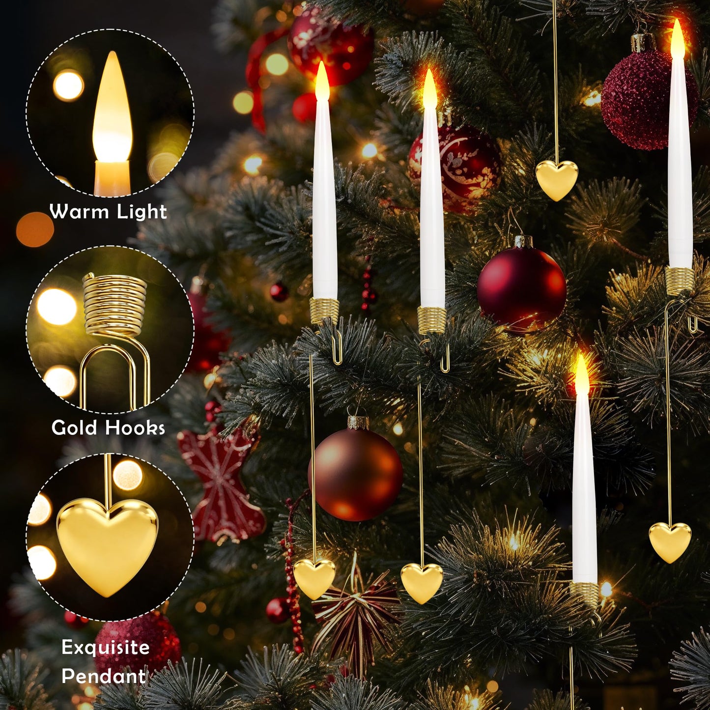 LUSHARBOR Christmas Tree Candles, 10 Pack Flameless Taper Candles for Christmas Tree Decor, Fake LED Candle Battery Operated with Remote for Xmas Wedding Home Gift with Gold Heart Hook