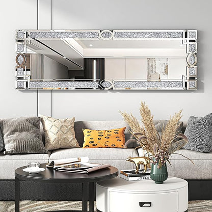 ENENE Crystal Mirrors Full 63"(H) Crushed Diamond Full Body Mirror Silver Long Floor Standing Mirror for Bedroom Living Room Bathroom Wall Mounted