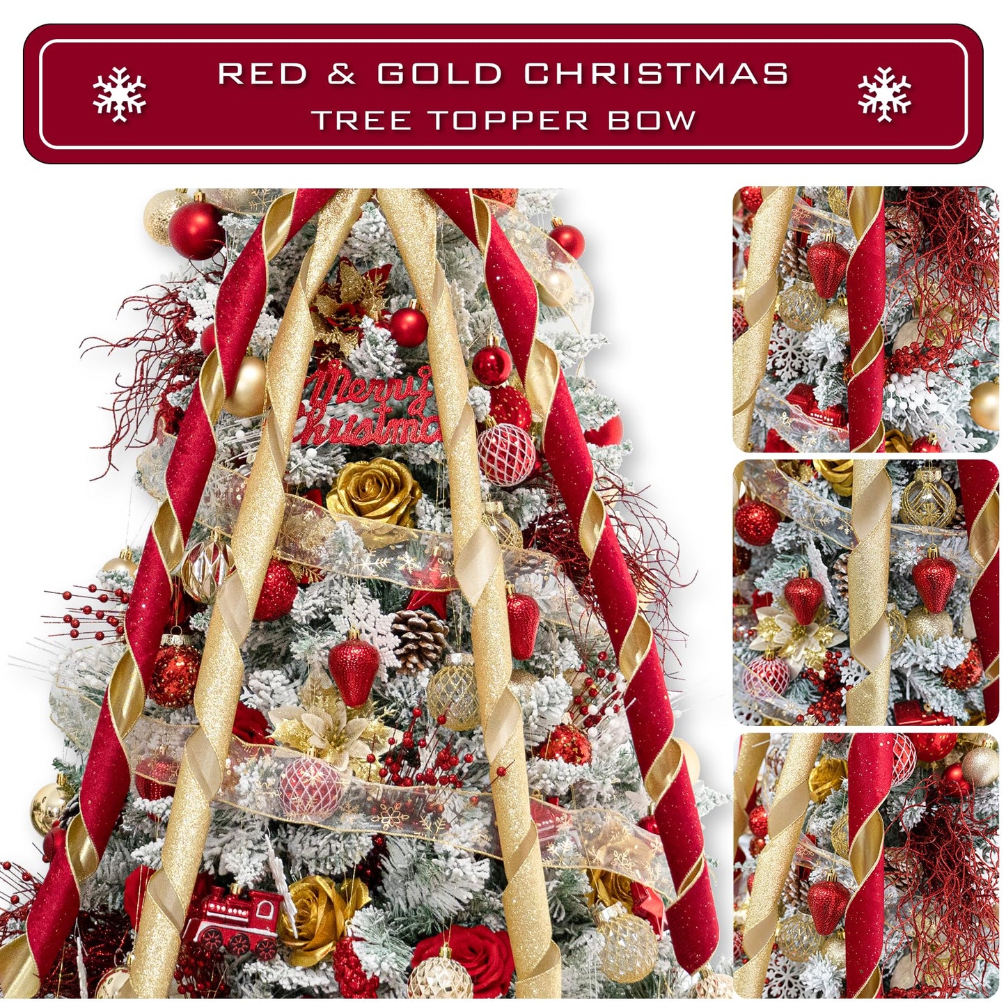 Hismir Christmas Tree Topper Bow, 53x13 Inches Large Christmas Bow with Glitter Streamer, Decorative Ribbon Bows for Xmas Tree Wreath Door Festival Home Decor(Red & Gold)