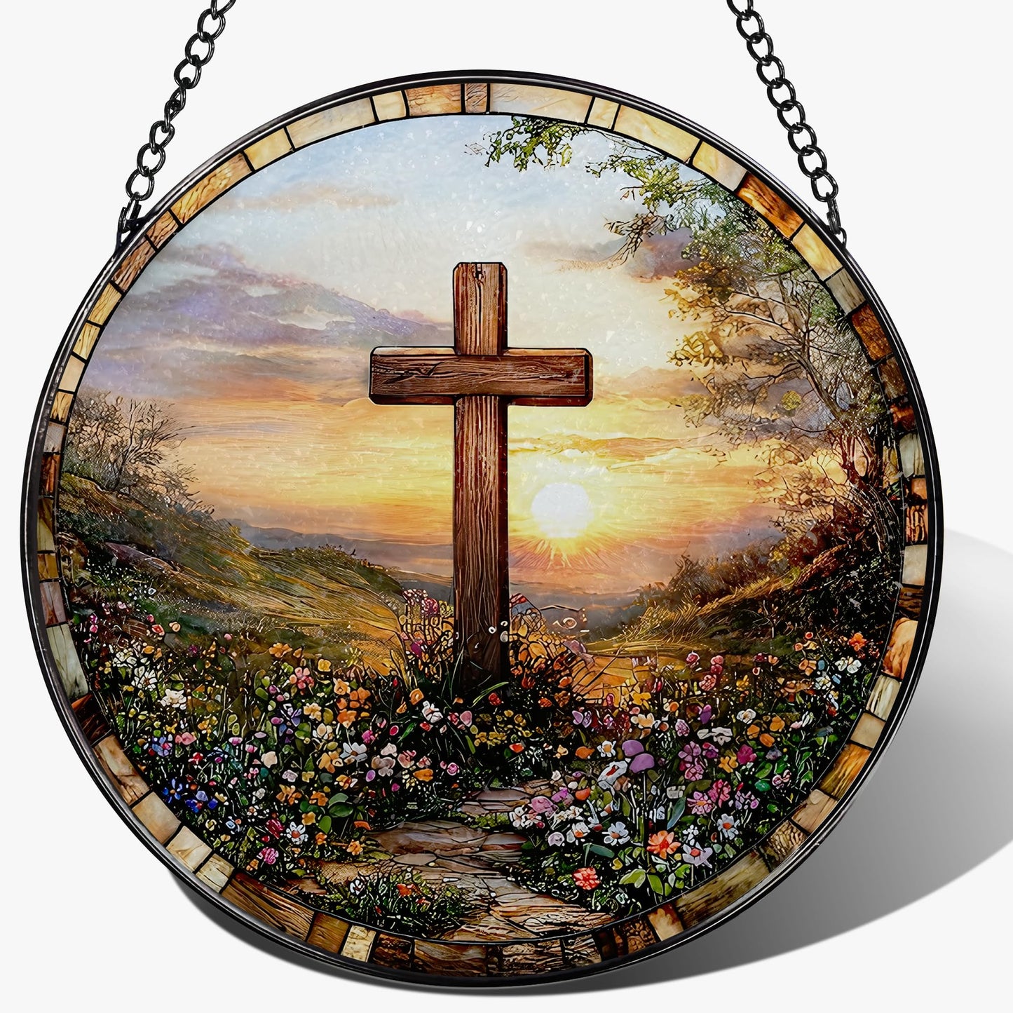 LAOWEIKI 8 Inches Cross Sunset Stained Glass Suncatcher, Christmas Ornament, Window Hanging Decor, Christian Home Decor, Christian Gift, Religious Gift, Gifts for Christmas