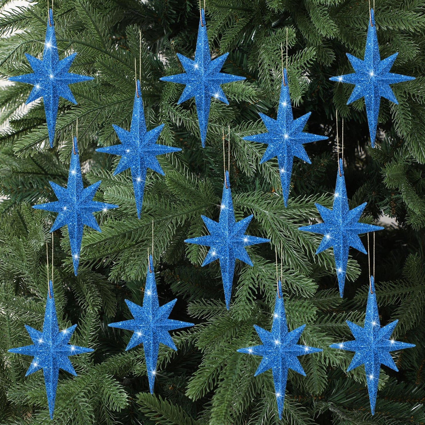 Quzzil 12 Pcs Christmas Bethlehem Star Blue Ornament 4.72 x 2.95 Inch Star of Bethlehem Christmas Tree Topper Glitter Ornament Plastic Nativity Stars Hanging Decor Accessories