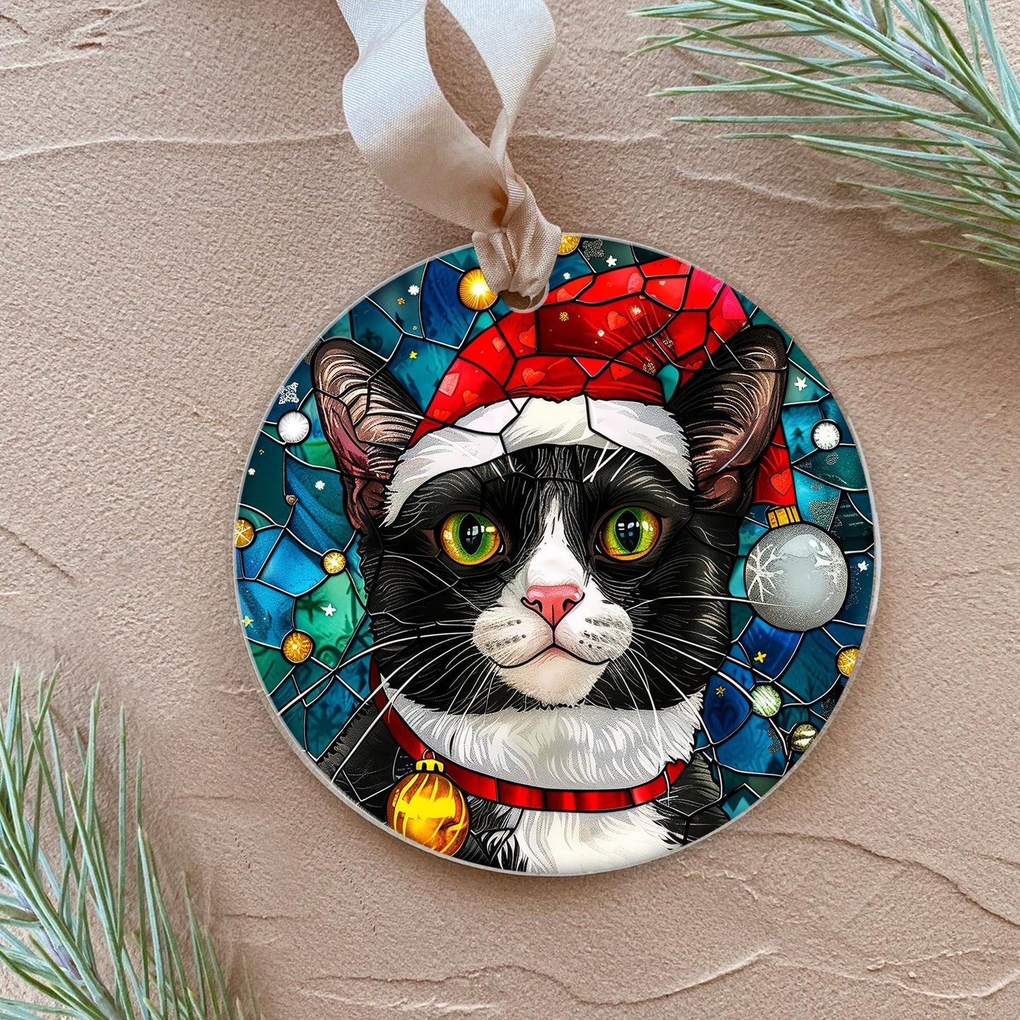 Fastpeace Tuxedo Cat Christmas Ornament with Santa Hat – Stained Glass Style Tree Decoration – Cute Hanging Gift for Cat Lovers, Friends, and Family