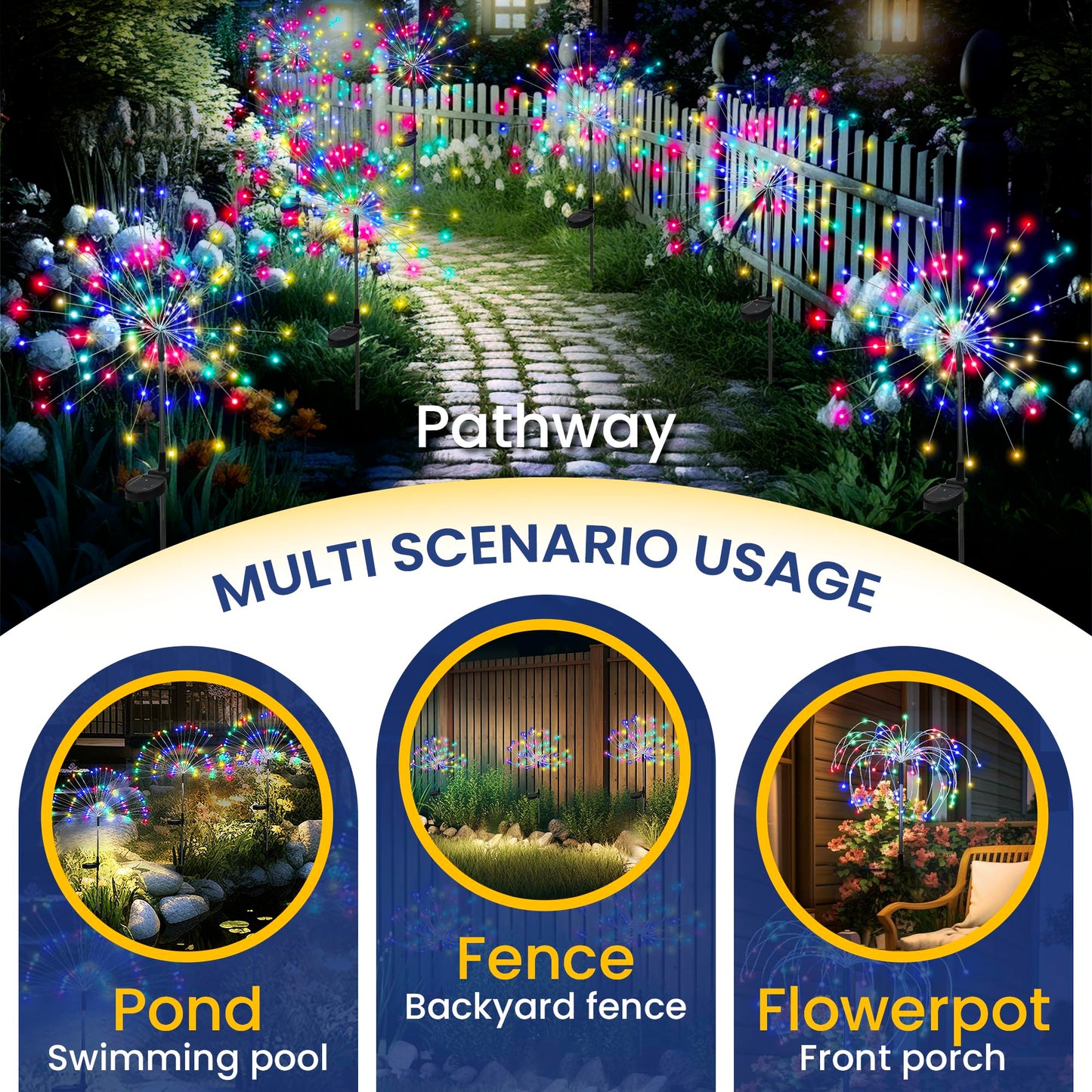 GIGALUMI Garden Decor Outdoor Lights 120LED 8Pack, Solar Garden Lights Outside Fairy Firework Decorative,Solar Powered for Yard Pathway Flowerbed Planter Balcony Patio 4th of July Decor (Multicolar