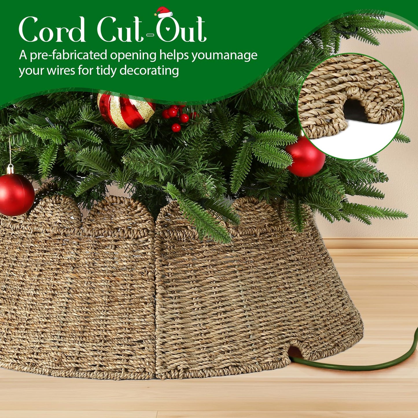 Joyhalo Christmas Tree Collar, 27.5in Wicker Tree Skirt Collar for 7.5 ft Tree, Rustic Handcrafted Woven Tree Collar for Pencil Tree, Xmas Basket Tree Collar, Farmhouse Rattan Tree Base Collar Cover