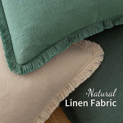 MIULEE Christmas Decorative Lumbar Throw Pillow Covers Neutral Linen Fringe Throw Pillows Set of 2 Army Green Boho Farmhouse Cushion Covers for Couch Sofa Bed Living Room Spring Home Decor 12x20 Inch