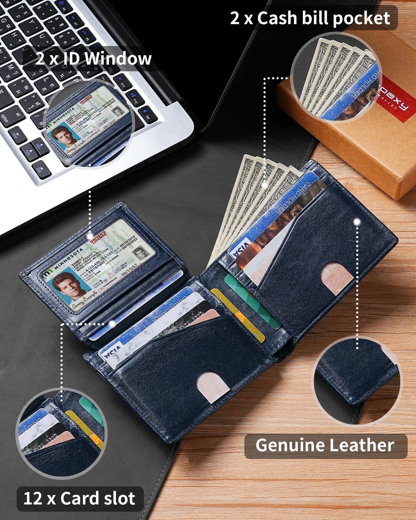 Artpaxy Mens Wallet Bifold Genuine Leather RFID Blocking Wallet for Men with 2 ID Windows 12 Card Holders 2 cash pockets 1 Gift Box