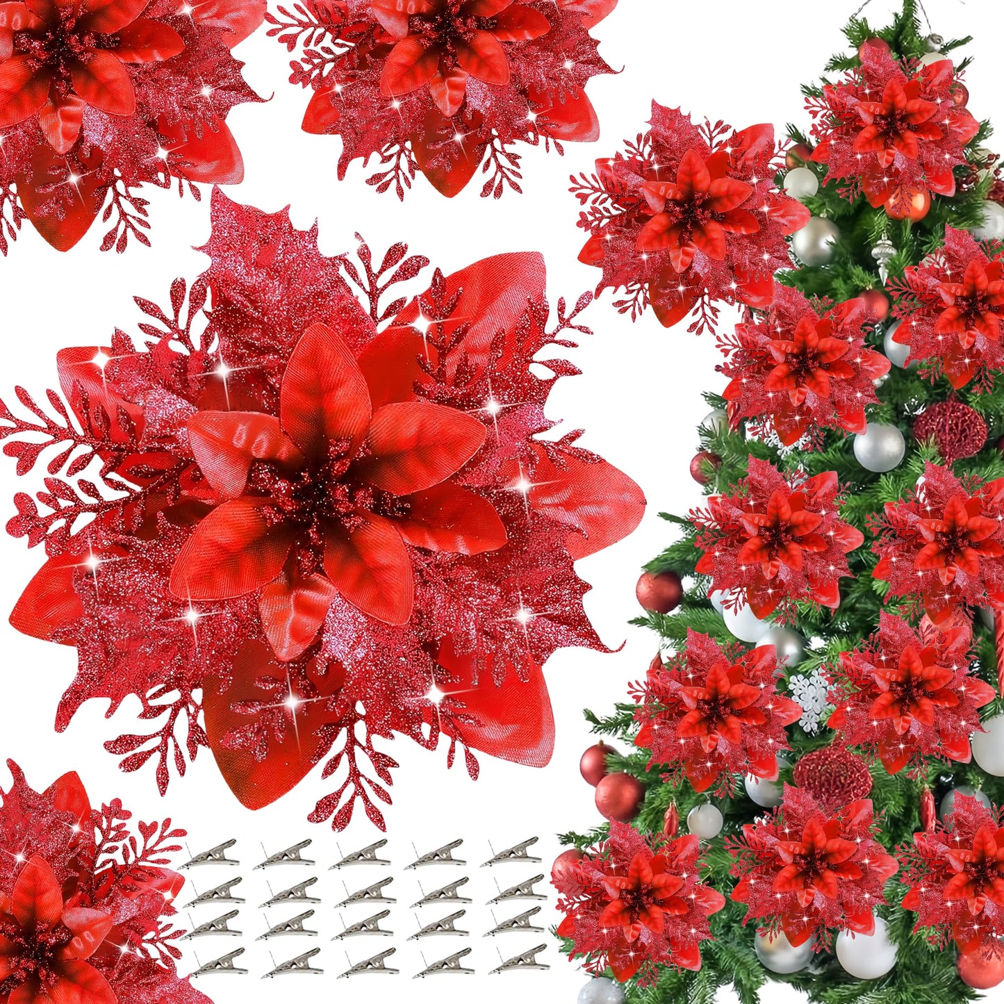 20Pcs 5.5" Red Poinsettias Glitter Artificial Christmas Flowers,Christmas Tree Decorations Christmas Ornaments Glitter Poinsettia with Clips , Christmas Decor for Xmas Tree Wedding Party Holiday
